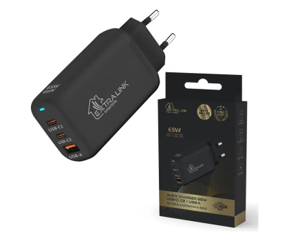 Ładowarka i akumulator ExtraLink SMART LIFE GAN CHARGER 65W, 2xUSB-C+USB-A, BLACK, CHARESL02
